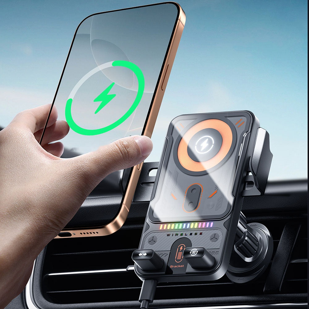 Hand placing a phone in the auto-clamping wireless charging car phone holder