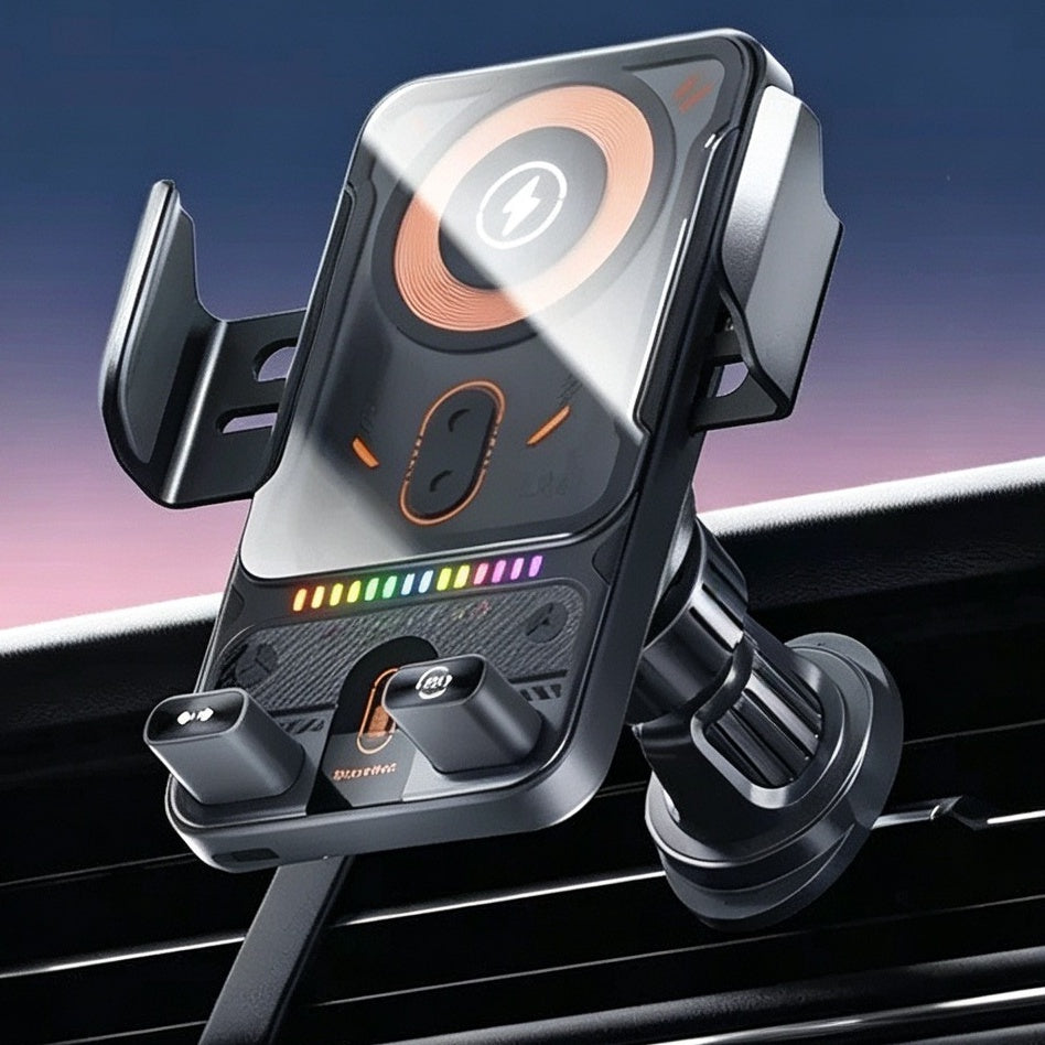 Wireless charging car phone holder mounted on a car air vent