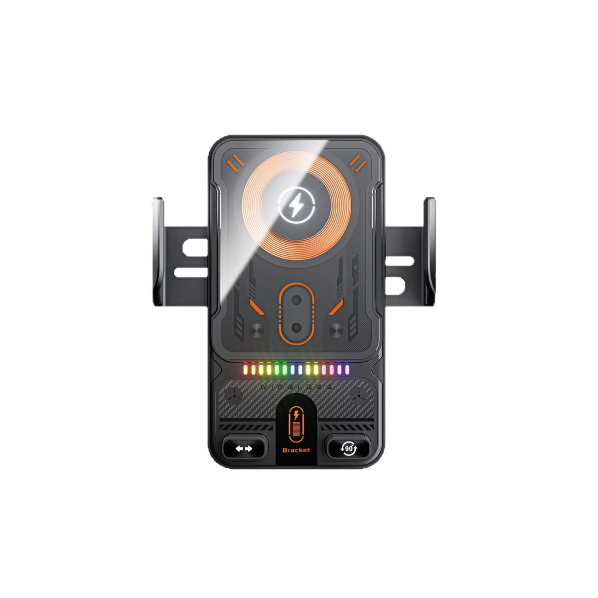 Front view of the black wireless charging car phone holder