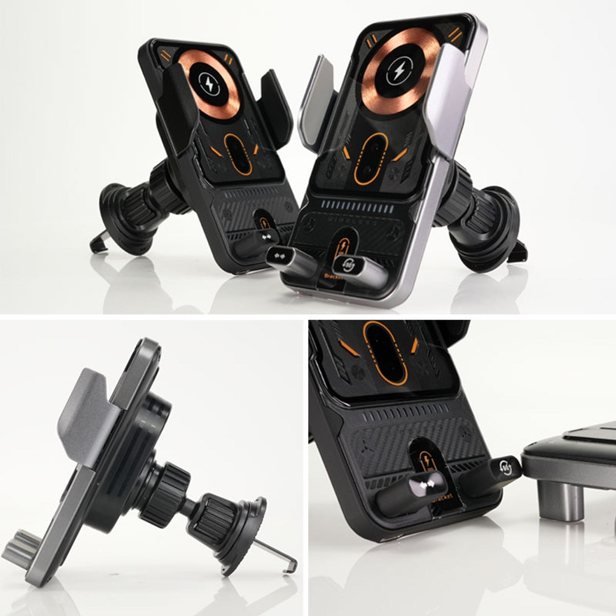 Black and silver car phone holder with air vent clip